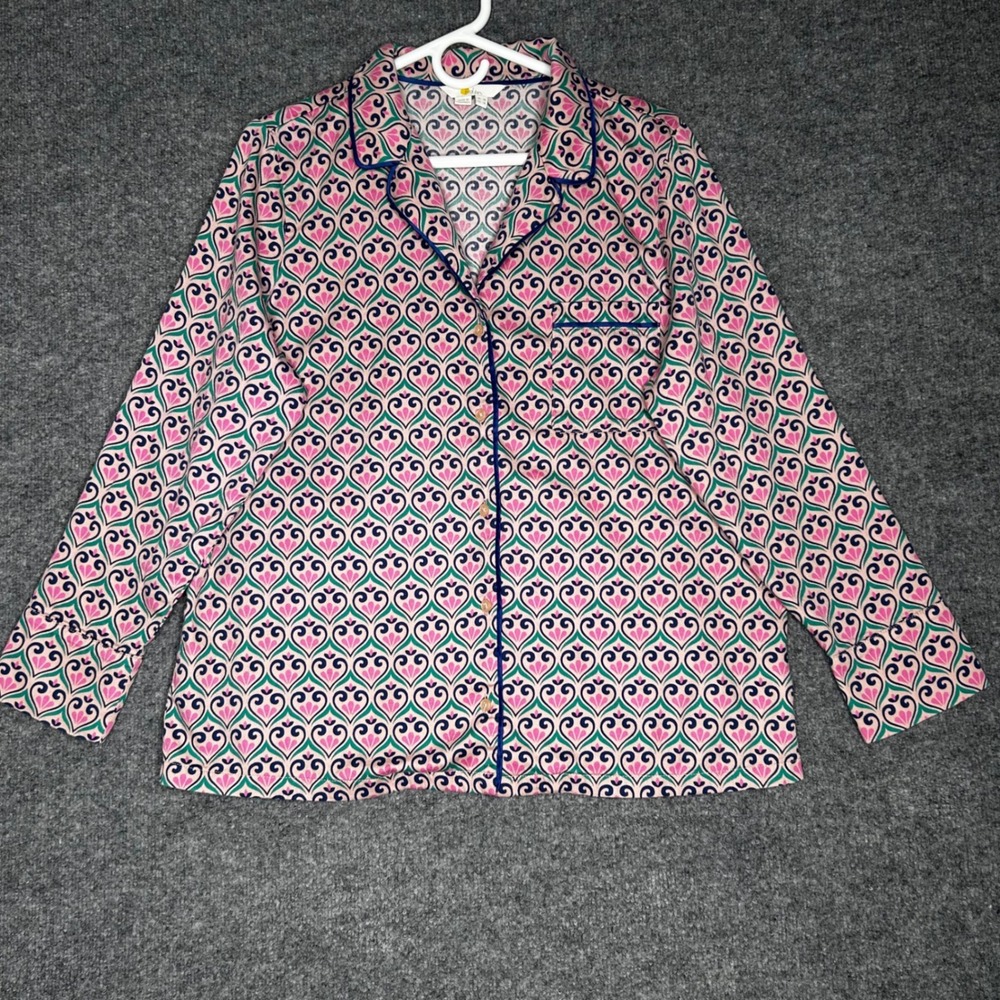 Boden Pink Navy Heart Damask Cotton Pajama Top Button Down Size US 14